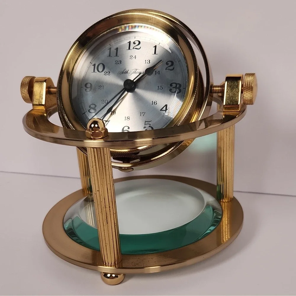 Vintage Seth Thomas Brass Gimbal Schooner Desk Clock Model 1044 - WORKING!